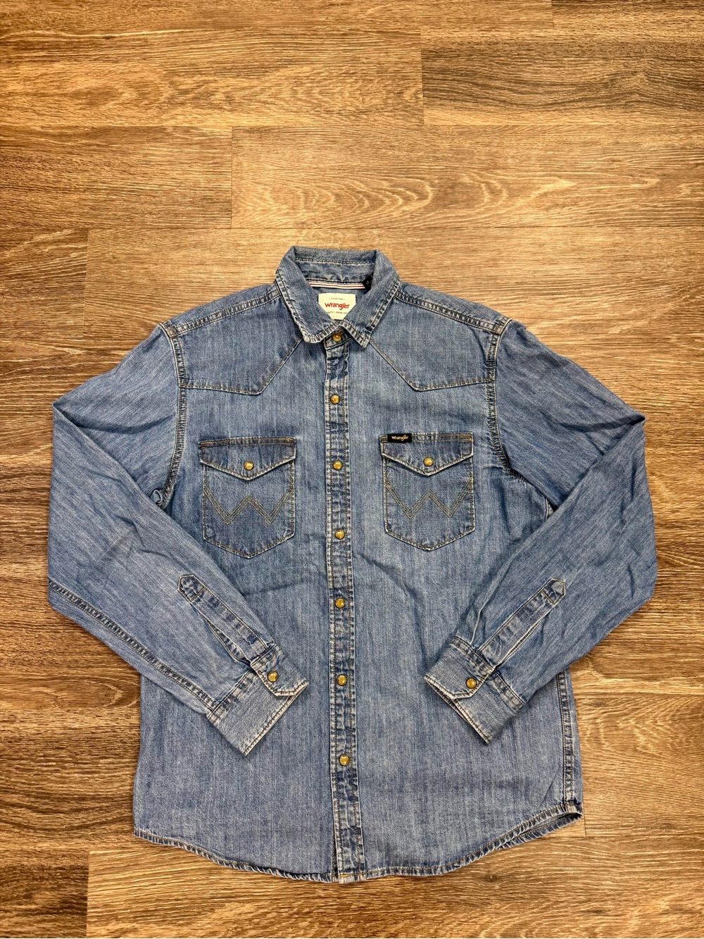 Wrangler Denim Western Snap Button Shirt Mens Small Blue 100% Cotton Cowboy